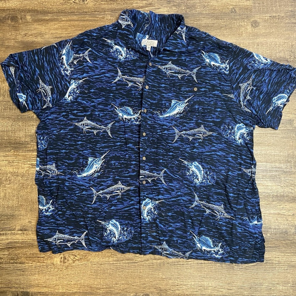 Ocean Coast Mens 3XL Blue Marlin Fish Print Short‎ Sleeve Button Up Shirt